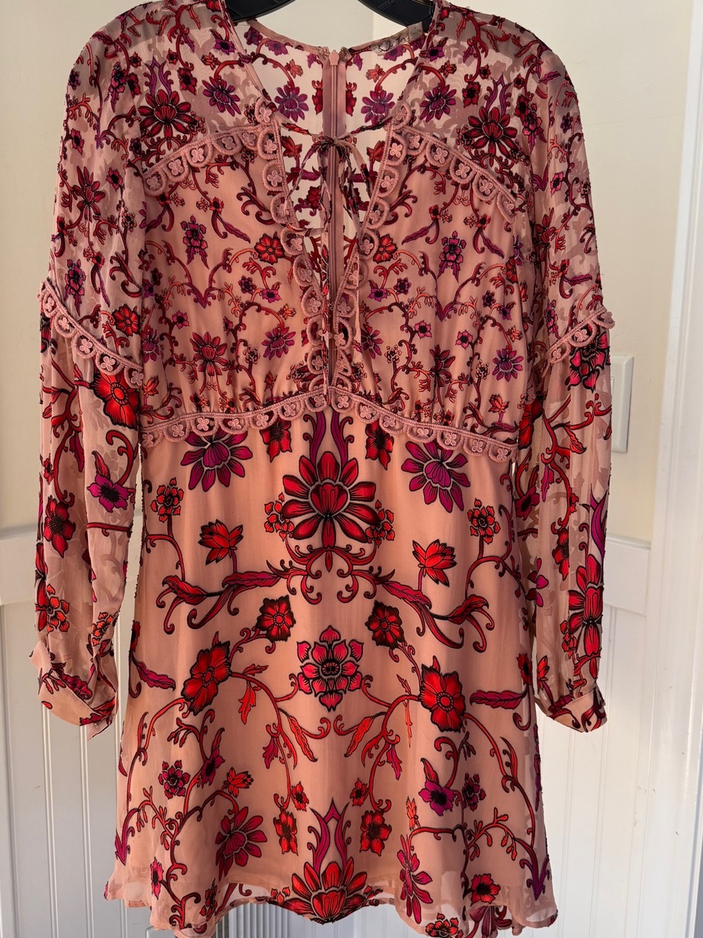 For Love & Lemons Pink Floral burnout velvet Long-Sleeve Dress